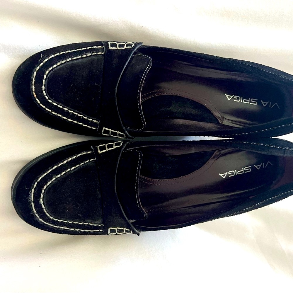 Via Spiga Black Suede Wedge Loafers